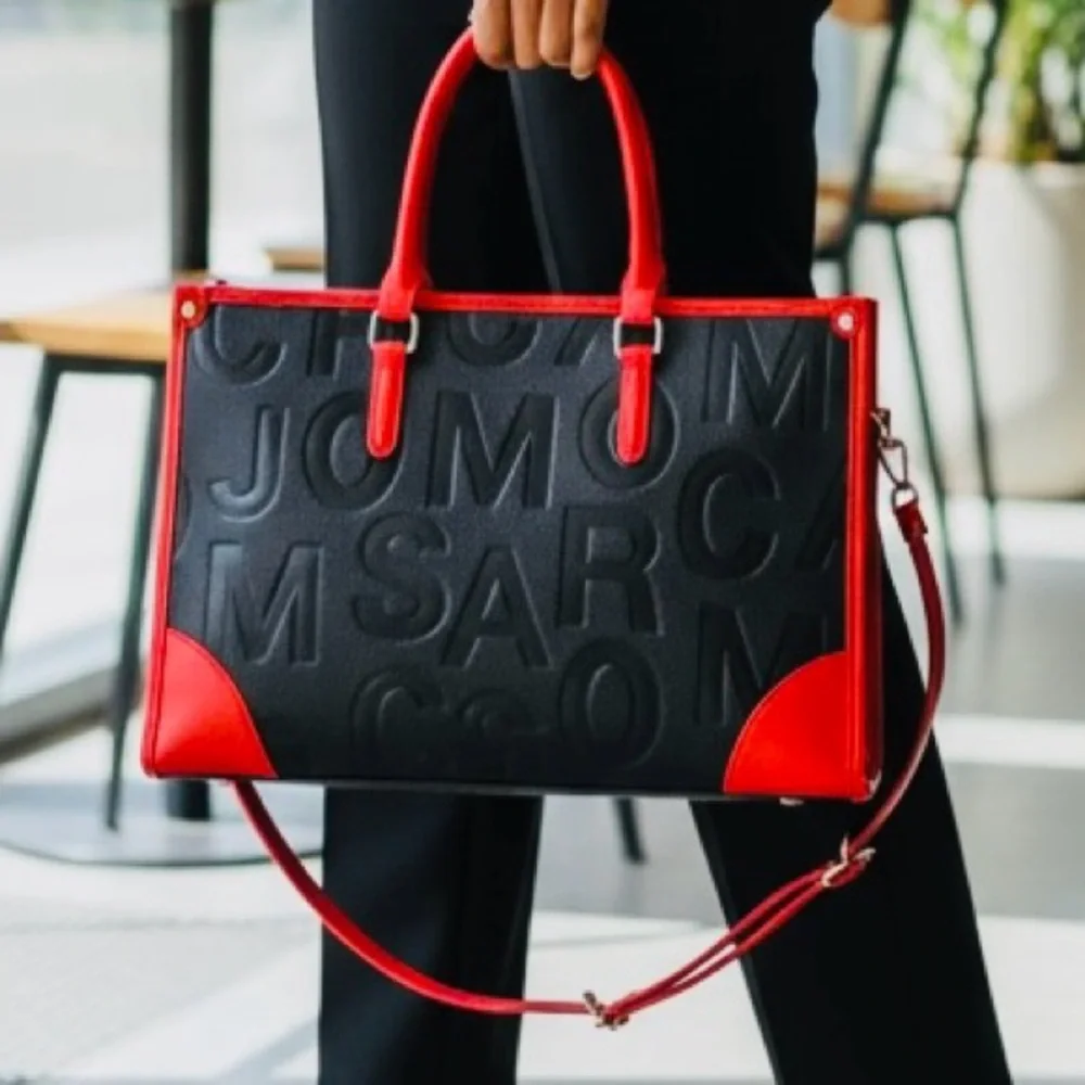 PURSE: Black/Red Geometric Embossed Lettering & Painted Edging Tote, NWOT